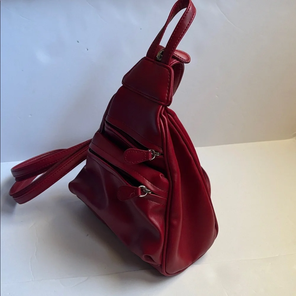 Villager | Red Leather Multi Compartment Mini Backpack Zipper Straps Holiday Bag